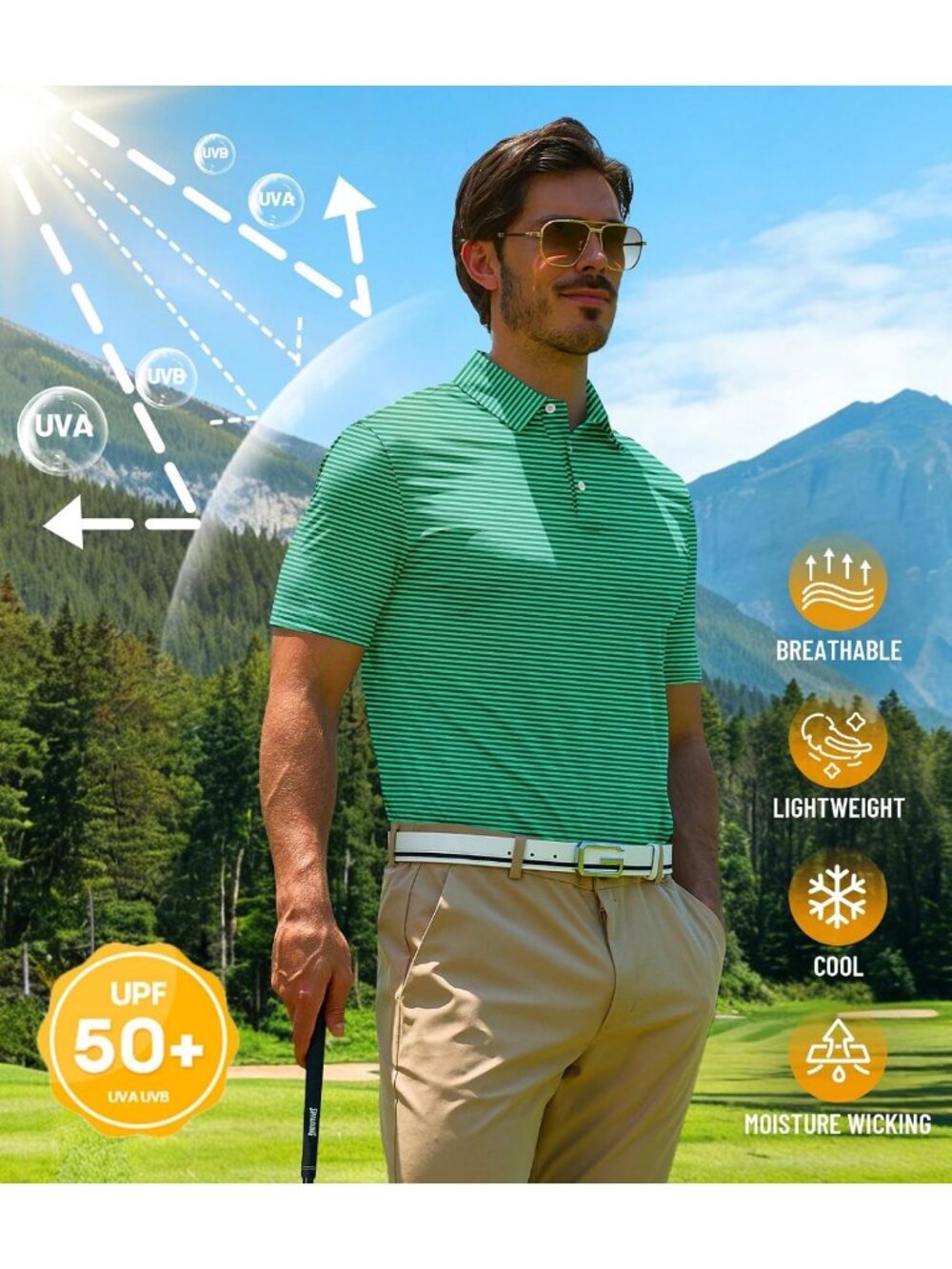 5 Pack Men's Golf Polo Shirts - Striped, Short Sleeve, UPF 50+, Moisture - Picture 3 of 5
